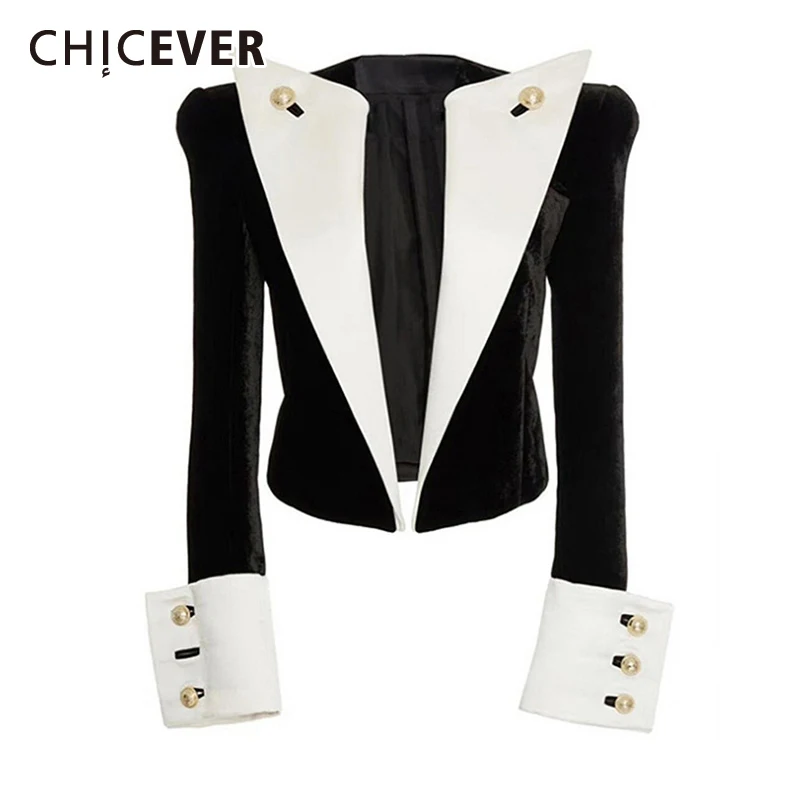 

CHICEVER Vintage Hit Color Short Blazer For Women V Neck Patchwork Long Flare Sleeve Slim Temperament Blazers Female Fashion New