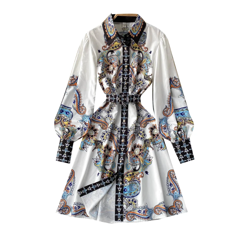 

Court Wind Print Dress Women Turn-down Collar Button Puff Sleeve A-line Dress Autumn Fashion Streetwear Short Dresses