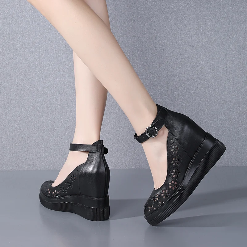 

EGONERY Women Genuine Leather Working Leisure Shoes Round Toe Solid color Comfortable Concise hollow flower lovely sweet