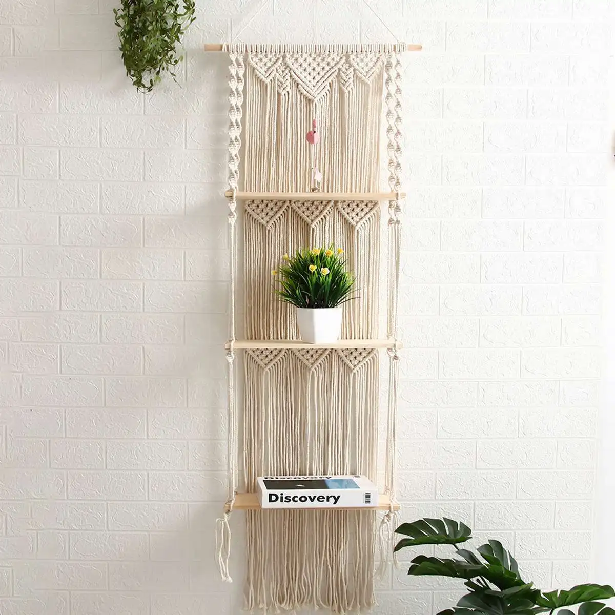 

3-Tier Bohemia Wall Hanging Shelf 3 Tier Handmade Woven Tassel Wood Organizer Shelves Wall Floating Hanger for Home Decor