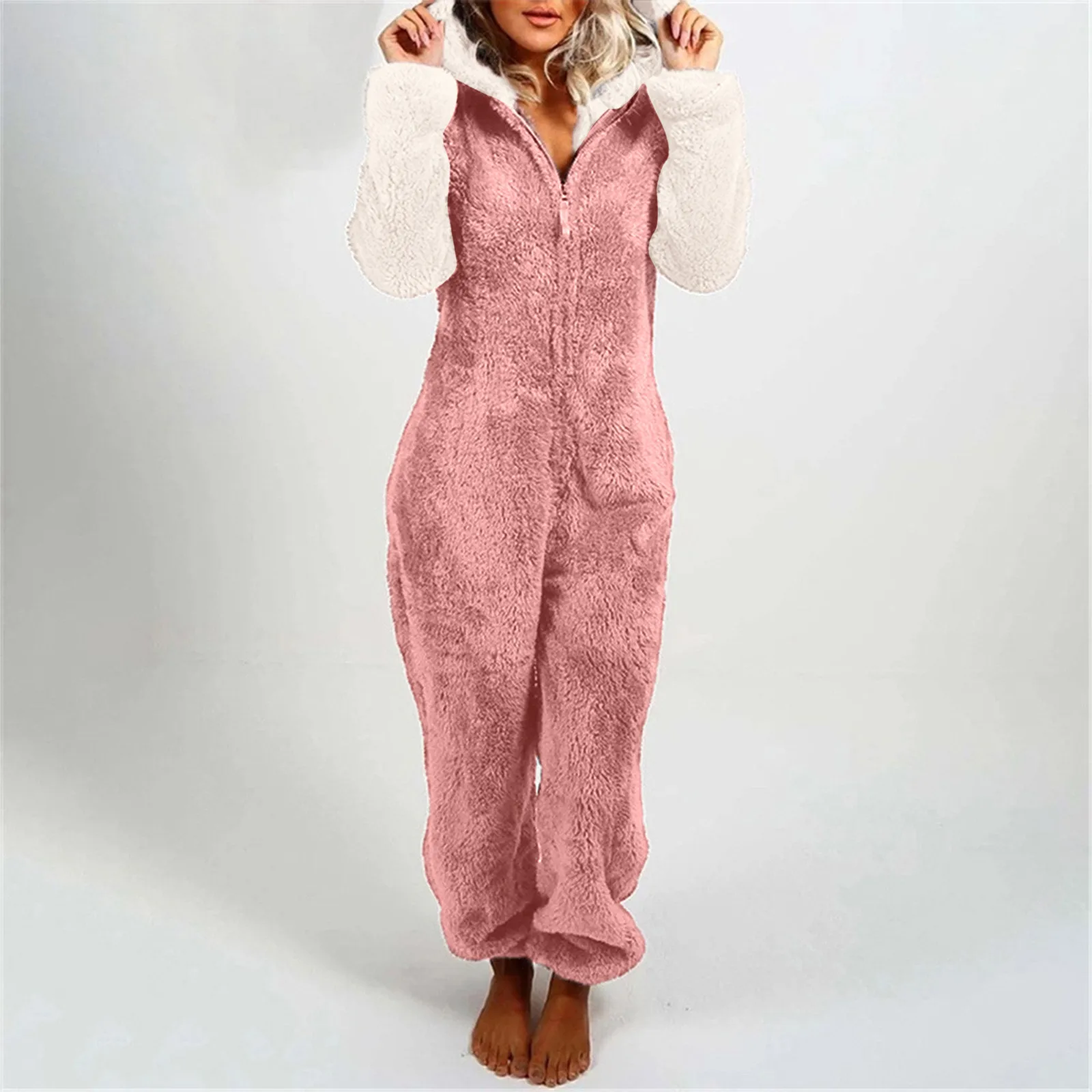 

Women's Plush Romper Autumn Winter Flannel Pajamas Patchwork Long Sleeve Hooded Jumpsuit Pajamas Warm Romper Sleepwear Homewear