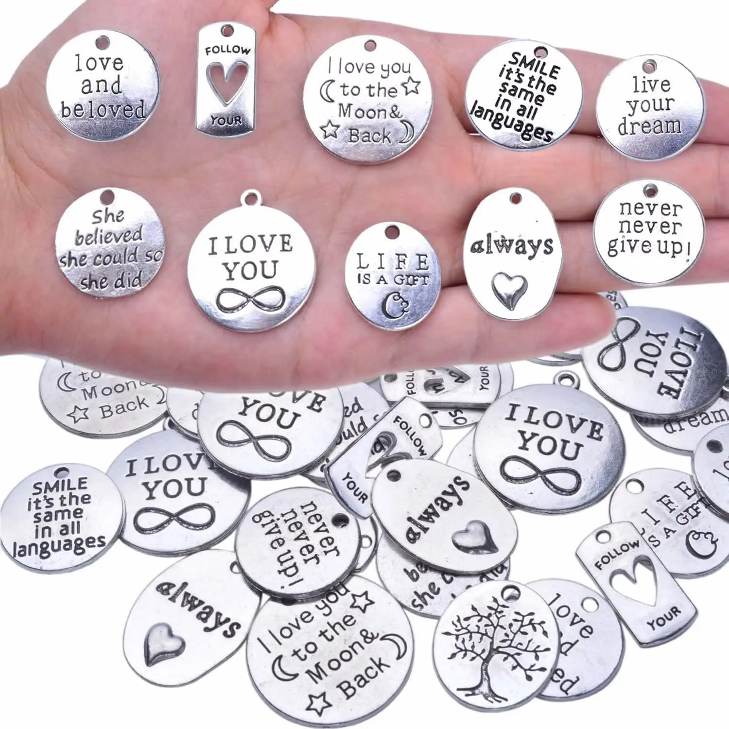 

40pcs 10 Styles Silver Plated Inspirational Word Charms Vintage Alloy Word Pendant Charms for Jewelry Making Findings Crafting