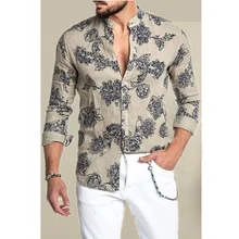 Spring and Summer Clothes Cotton Polyester Shirt Men Long Sleeves Print Hawaiian Beach Casual Single-Breasted Stand Collar Shirt