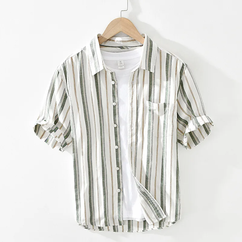 

2738 summer thin men's cotton and Linen Shirt Youth Literature and art fresh striped short sleeve shirt with square collar