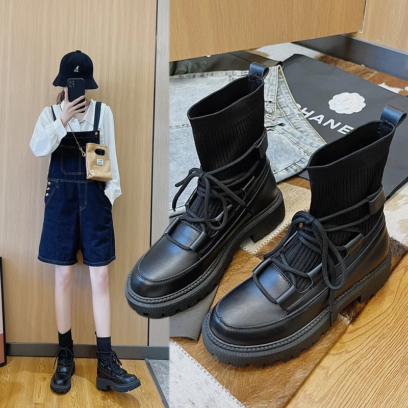 

Autumn Winter Black Short Boots New Women's Shoes 2021 INS Platform Boots for Women Chunky Heels Stretch Fabric