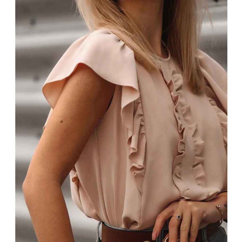 Женская блузка с рюшами # H25 летняя Однотонная рубашка круглым вырезом и рукавами