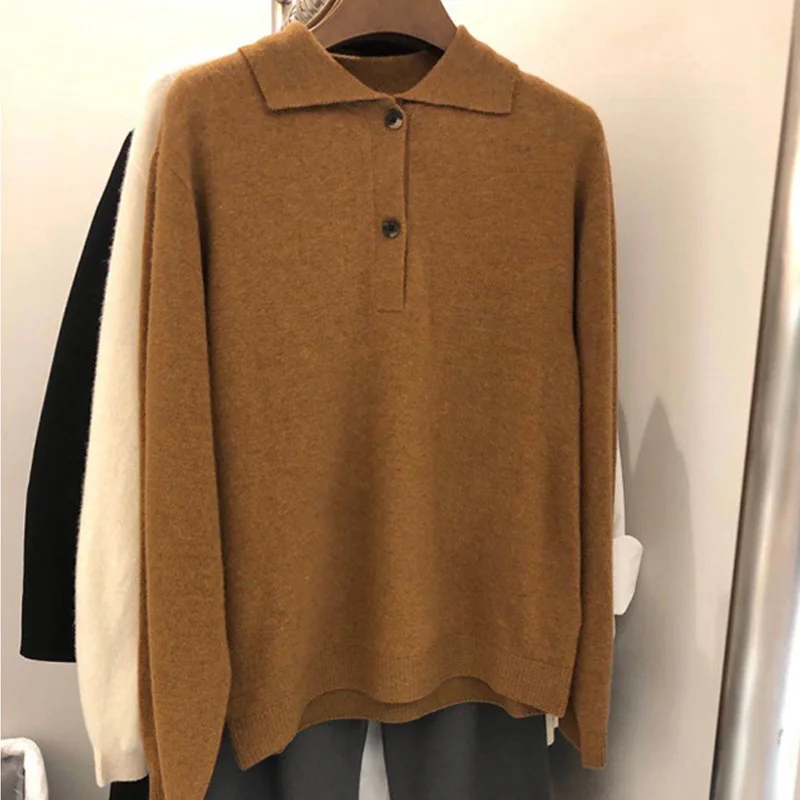 

Autumn and winter women's casual solid color lapel long sleeve loose sweater
