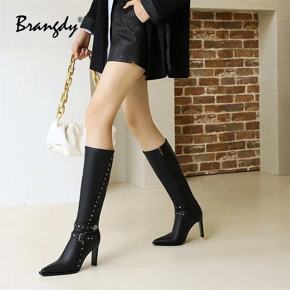 Brangdy Fashion Women Knee Hight Boots PU Leather Belt Buckle Rivet Women Winter Shoes Square Toe Zipper Women Square Heel Pumps