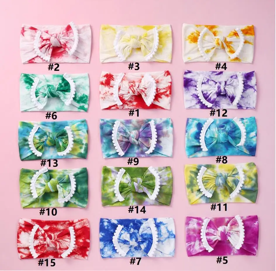 

Wholesale Tie Dye Prints Wide Nylon Bow Headband with Pompom Trim, Knot Nylon Head wraps, Top Knot Nylon Turban Headband