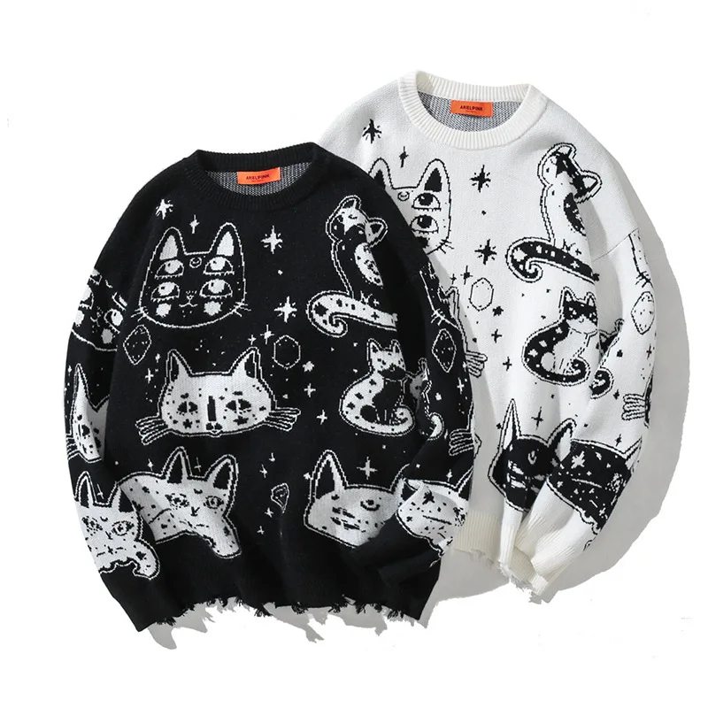 

Winter Women's Oversize Pullover Sweater Black Cartoon Cat Hip Hop Knit Jumper Long Sleeve Top Warm Fashion Women Sweaters 2021