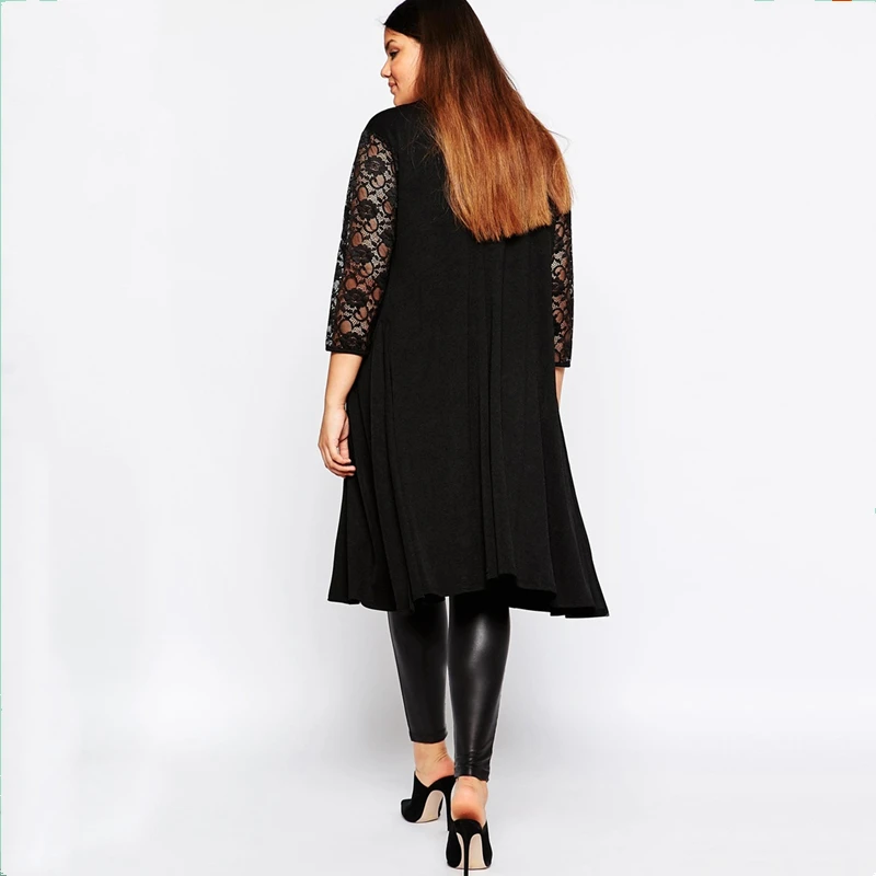 Женское длинное Свободное пальто-Пыльник с кружевными рукавами однотонный