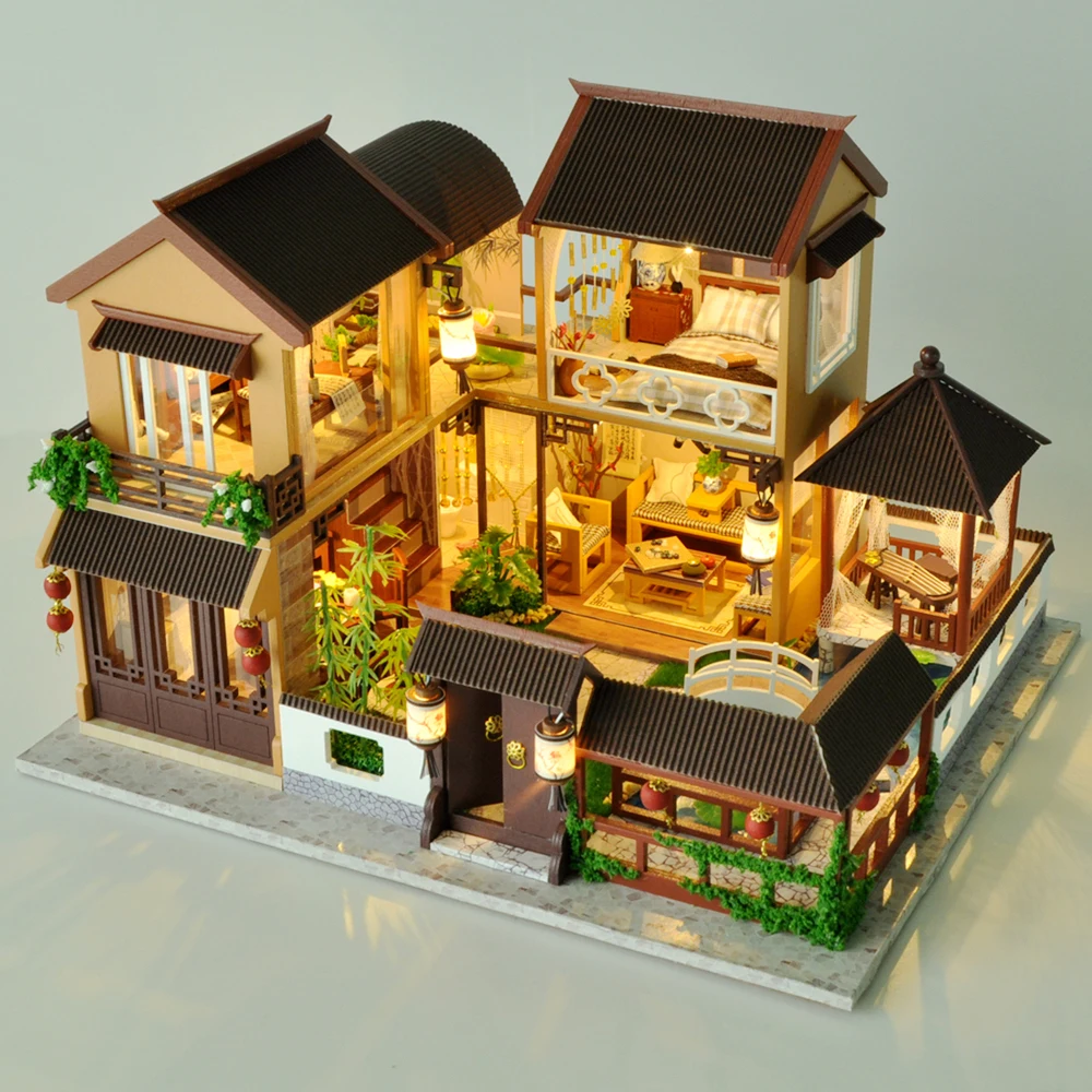 

Новый деревянный кукольный домик «сделай сам», китайская архитектура, миниатюрные кукольные дома с мебелью, игрушки для детей, подарок на д...