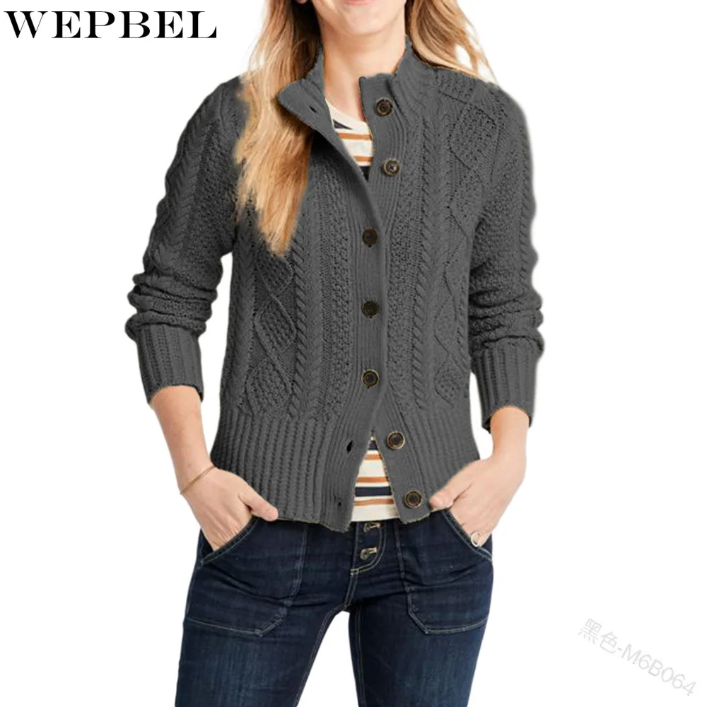 

WEPBEL Sweater Women's Casual Solid Color Cardigan Knitted Sweater Spring Long Sleeve Single Breasted O-Neck Slim Fit Sweater