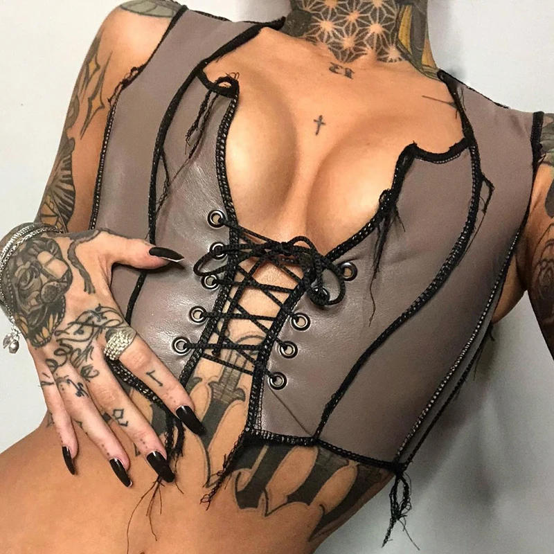 

CIBBAR Pu Leather Sexy Low Chest Crop Top Women Summer Sleeveless Bandage Rework Clubwear Female Hipster Vintage Skinny Tees