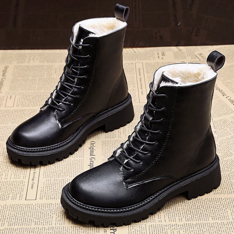 

2021 Women's Boots Thick-soled Ankle Boots Autumn and Winter Shoes Warm and Cotton Pu Leather Women's Short Boots Botas Mujer