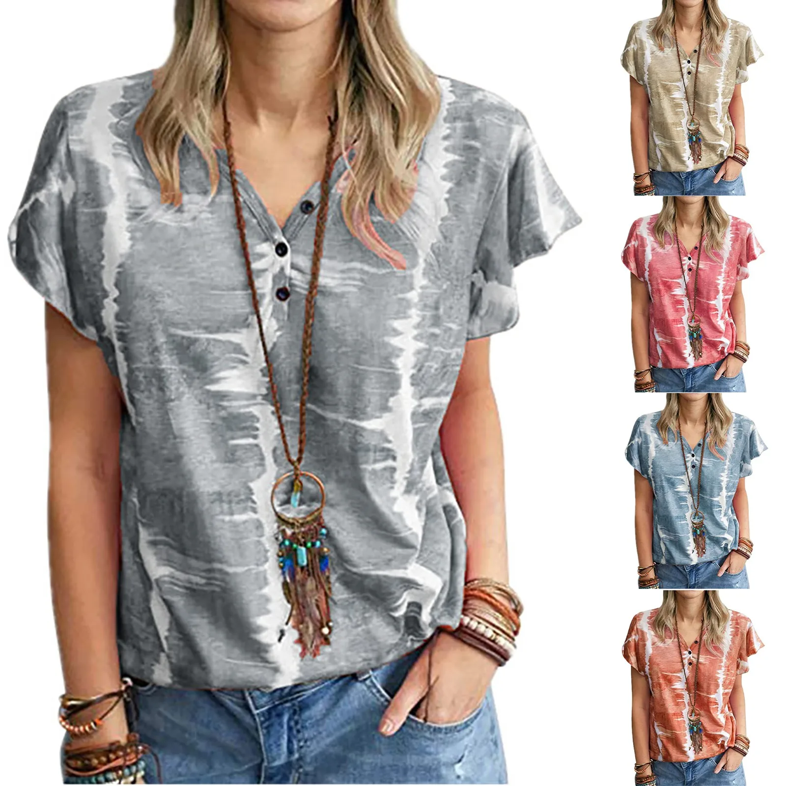 

Fashion Summer Blouses Tops Ladies 2021 Summer New Fashion Women's Loose Buttons Short Sleeve Shirt Sexy V-neck Print Tops