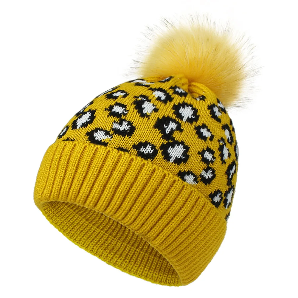

Fall Winter Knit Leopard Beanie Cap Fur Pom Poms Knitted Hat for Women Girl