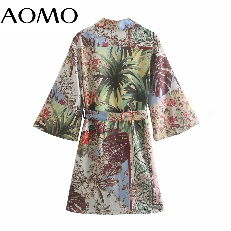 

AOMO Women Leaves Print Thin Kimono Coats Loose Long Sleeves with Slash 2021 Ladies Summer Coat 5Z146A