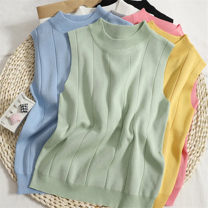 

New Spring Knitted Tops Sleeveless Solid Pullover Top Women High Elasticity Solid T shirt Tee Shirt Femme Tshirt Knitwear