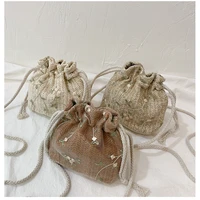 drawstring straw beach bags fashion small shoulder bags women flower embroidery bags ladies lace crossbody handbags for travel