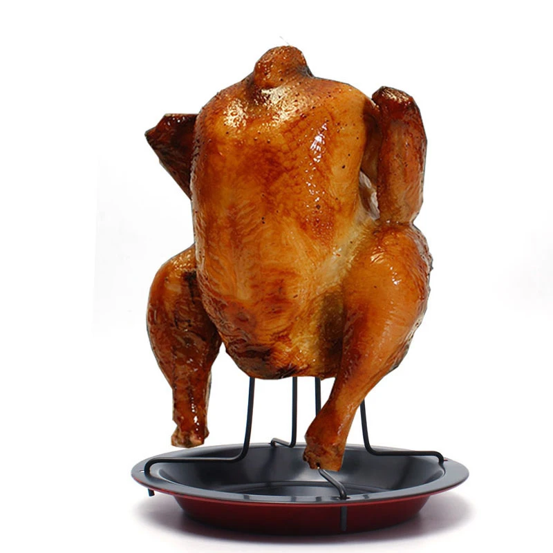 

New Carbon Steel Upright Chicken Roaster Rack With Bowl Tin Non-stick Cooking Tools Barbecue Fork Bake Pan BBQ Tools Accessories