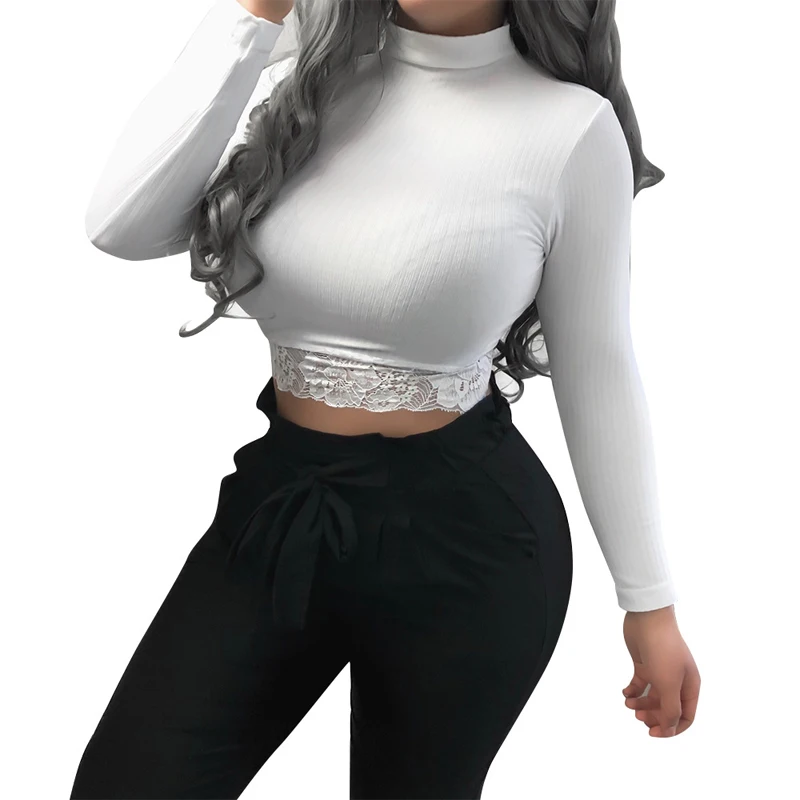 Сексуальный Высокий воротник сплошной цвет кружева талии с длинным рукавом
