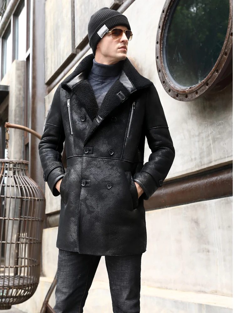 Мужская двубортная куртка из натуральной овчины черная длинная большого размера