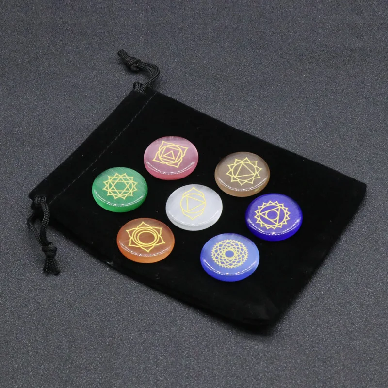 

7pcs Chakra Opal Stones Reiki Healing Crystal Engraved Chakras Symbols Holistic Balancing Polished Palm Natural Stones Gift Bag