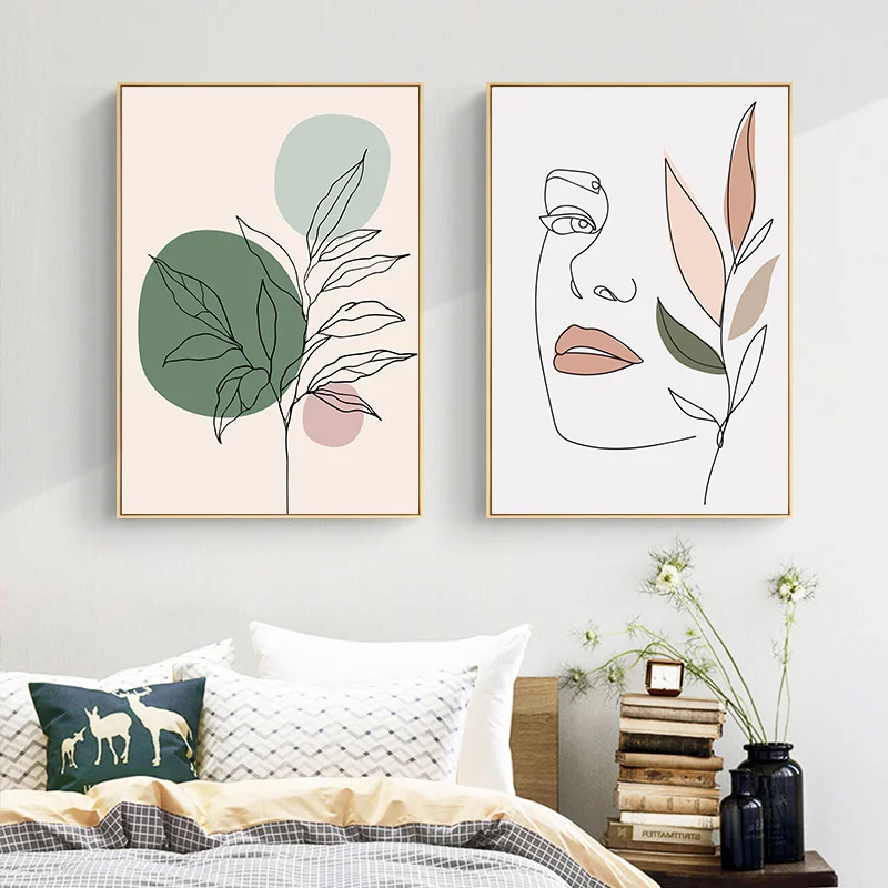 

Leaf Human Face Curve Block Color Cactus Line Abstract Canvas Painting Posters and Prints Canvas Wall Art Painting Room Decor
