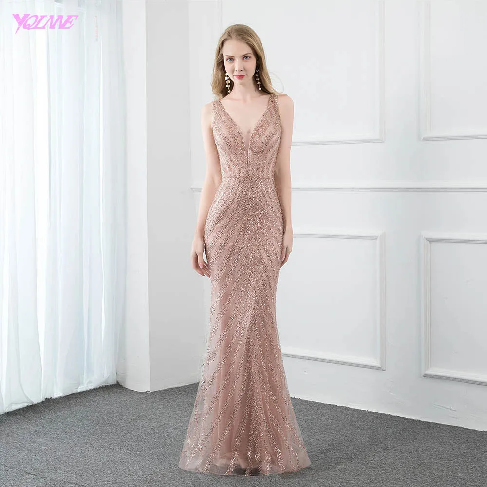 YQLNNE розовое вечернее платье с v образным вырезом и бисером Длинные платья в стиле