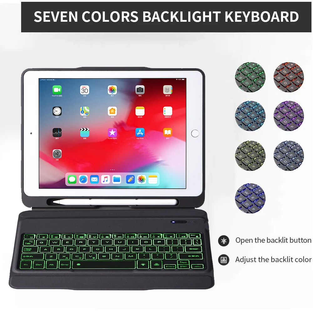 Bluetooth клавиатура с из искусственной кожи чехол для iPad Air 1 2 iPad Pro 9,7 дюймов Bluetooth клавиатура 7 цветов с подсветкой водонепроницаемый