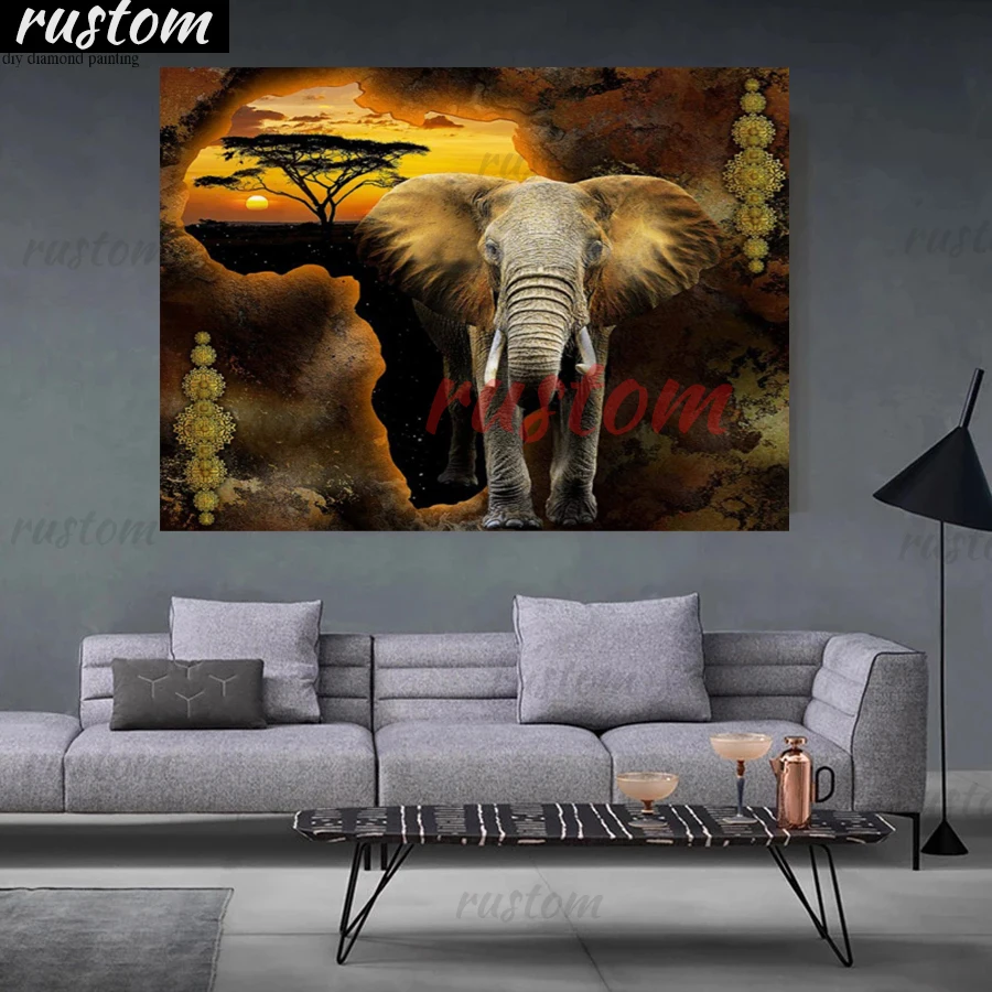 

Rustom 5D Diamond Painting Diamond Embroidery Sunset African Elephant landscape Round Drill Pictures decor animal picture