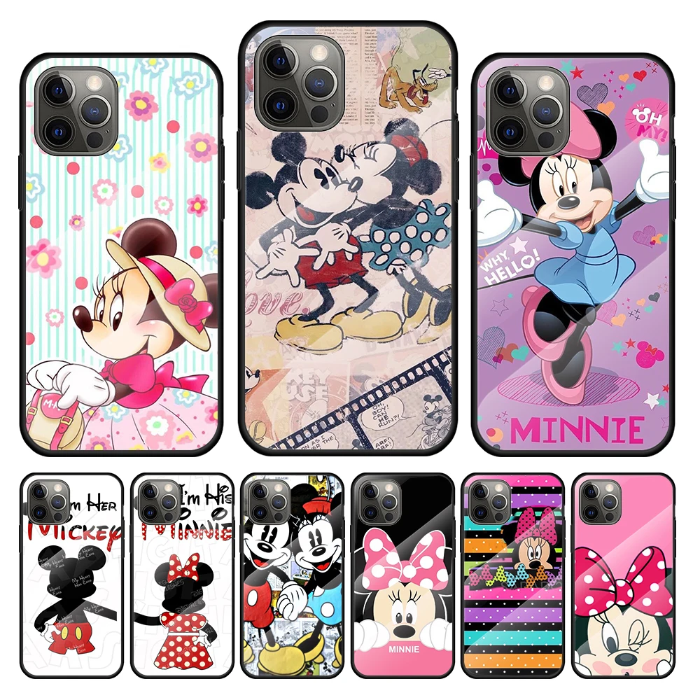 

Cute Minnie Mouse Girls Tempered Glass Cover For Apple IPhone 13 12 Mini 11 Pro XS MAX XR X 8 7 6S 6 Plus Phone Case Coque