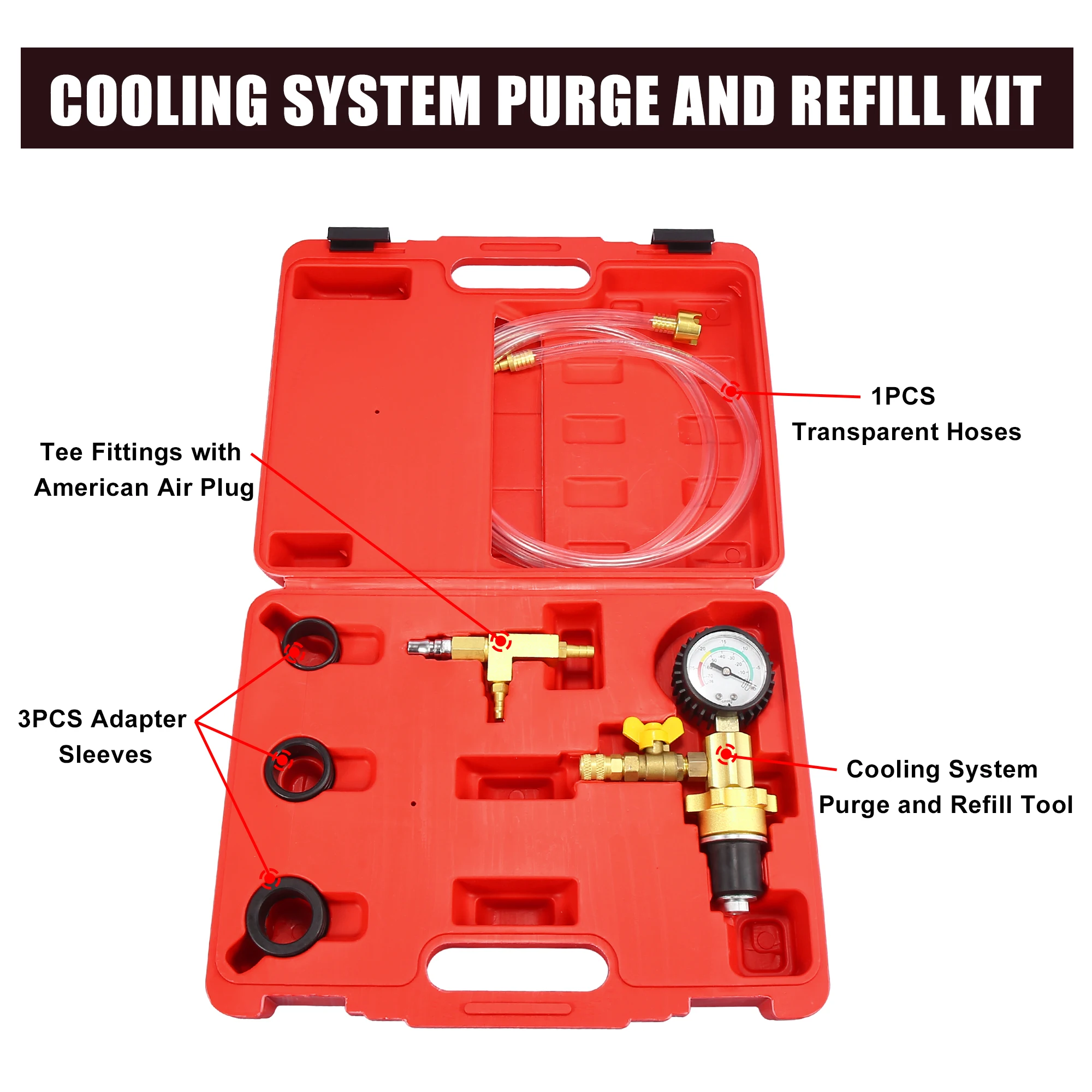 X Autohaux Auto Engine Cooling System Vacuum Purge Gauge Radiator Coolant Refill Tool Kit with 3 Sizes Adapter Case Hose for Car |