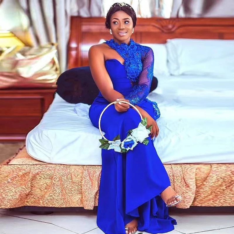 

One Long Sleeve Blue Maid Of Honor Dresses 2021 Lace Appliques Satin Africa Bridesmaid Gowns Custom Made Wedding Guest Cloth