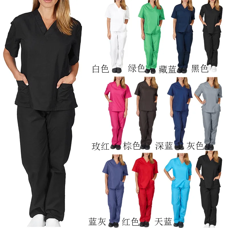 

Women Men Workwear Short Sleeve V-Neck Tops+Pants Nursing Working Uniform Suit Scrub Overalls Clothes Multiple Colour