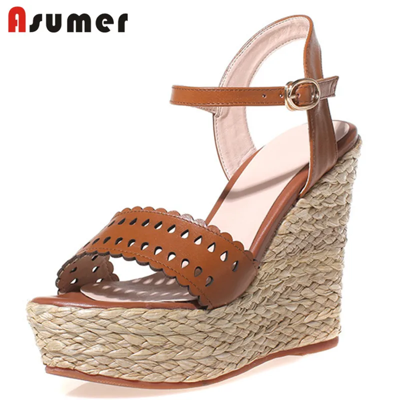 

Asumer 2021 New Arrive Genuine Leather Sandals Women Shoes Buckle Hollow Out High Heels Wedges Sandals Women Platform Shoes