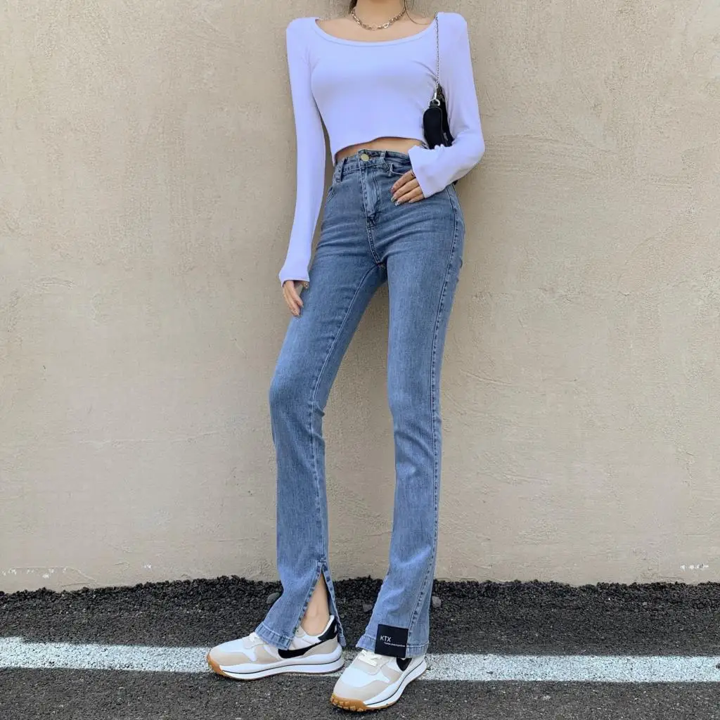 

Spring 2021 new style split Jeans Women micro-stretch stretch stretch pants high waist thin slit mopping pants