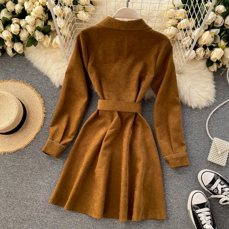 Женское вельветовое платье ALPHALMODA винтажное с отложным воротником на молнии