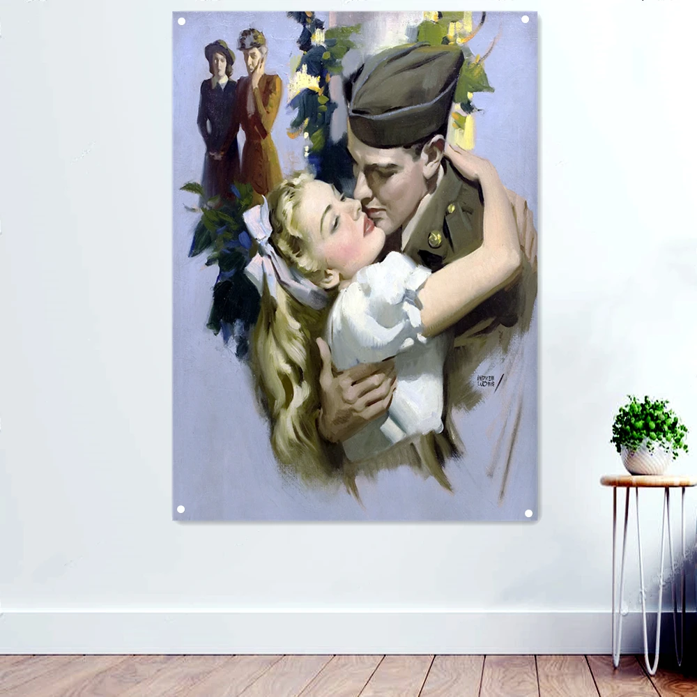 

Soldier Kiss Goodbye Banner Hanging on The Wall, Vintage Pin Up Art Posters Canvas Painting Flag Mural Bar Cafe Home Decoration