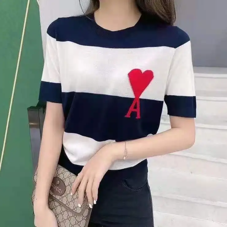 

Summer new knitted T-shirt stripe short sleeve women's loose round neck knitted ice silk short sleeve women's Pullover