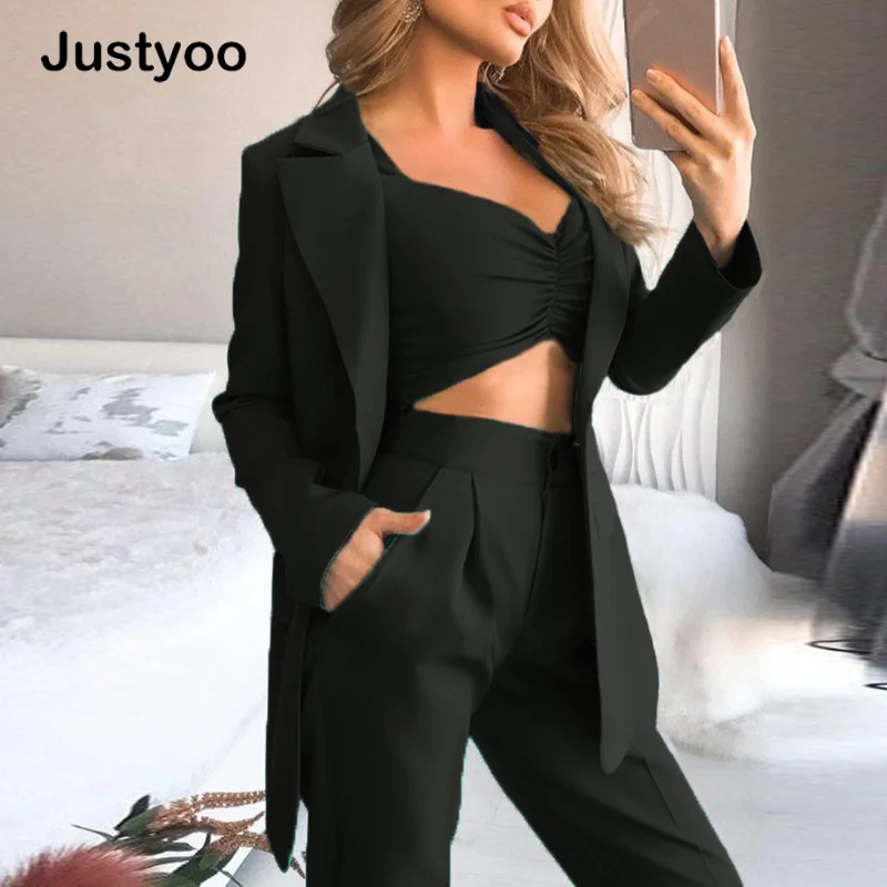 

Woman Vintage Black Slim Fit Blazer 3 Pcs Suit Autumn Elegant Female Solid Matching Sets V-Neck Casual Office Three Piece Set