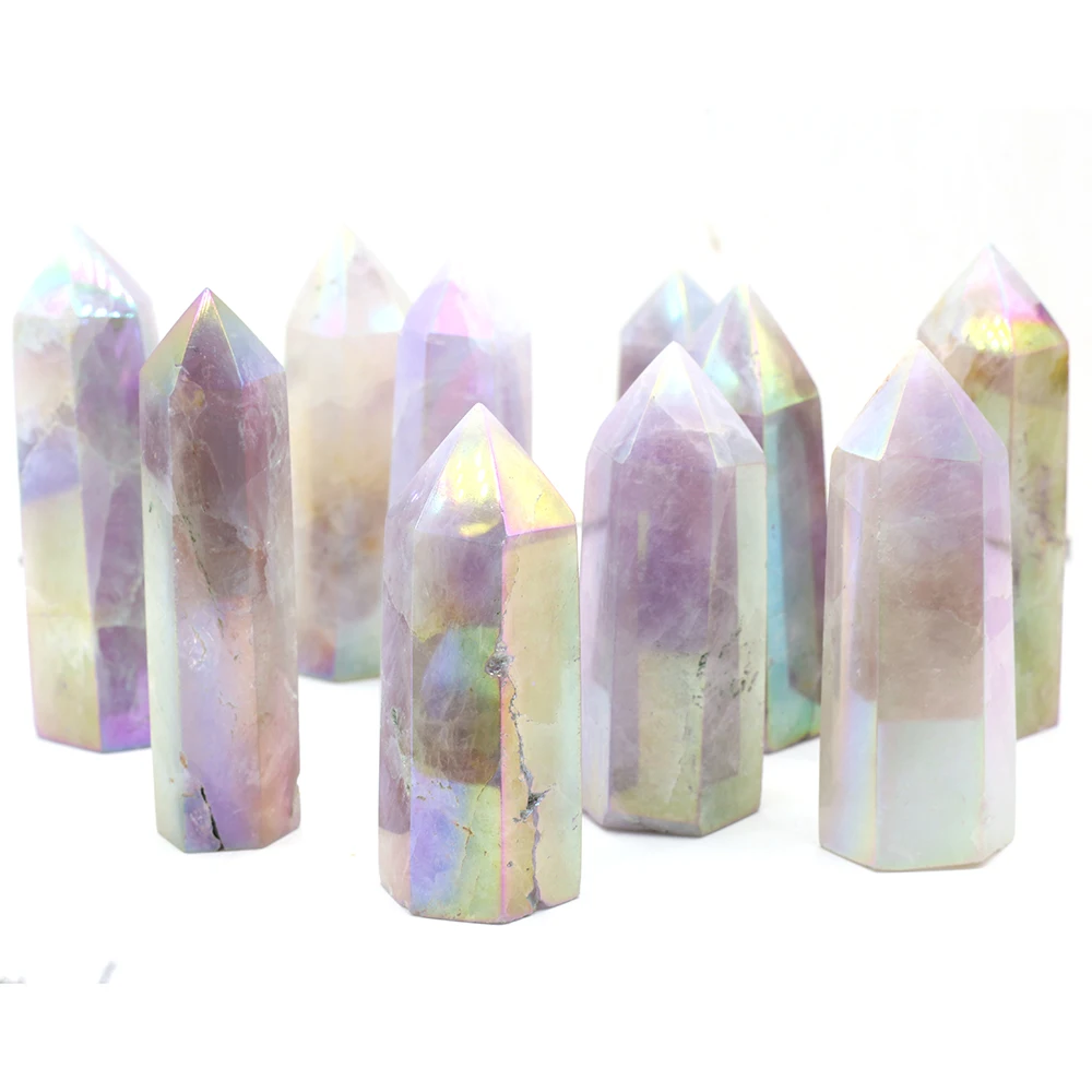 

Natural Crystal Tower Hexagonal Prism Ornament Color Plated Amethyst Aura Healing Energy CrystalStone DIY Jewelry Decor Gift 2PC