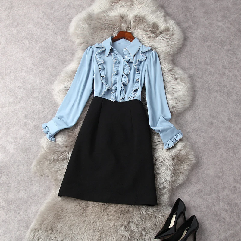 

HIGH STREET Newest 2021 Designer Dresses Women's Diamond Beaded Ruffles Shirt Collar Dress
