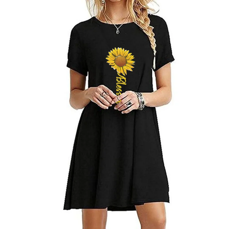 

Women Dresses Summer Fashion Short Sleeve Sunflower Printed Skirts Ladies Round Neck Knee Length Dress Casual Sexy Mini Skirts