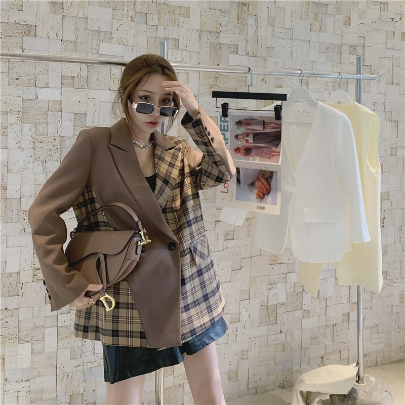 

2020 Autumn Winter New Plaid Blazer Women Tops Long Sleeve Fashionable Casual CoatLattice Stitching Minimalist Style