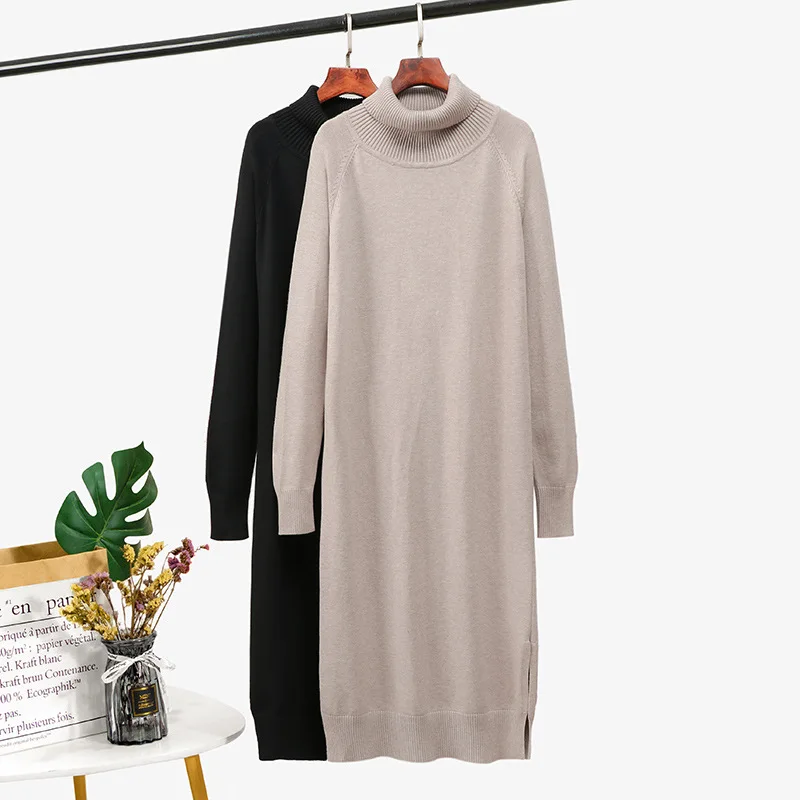 

Winter Thick Knit Long Straight Women Dress Warm Turtleneck Pullover Sweater Dress Oversized Christmas Midi Dresses
