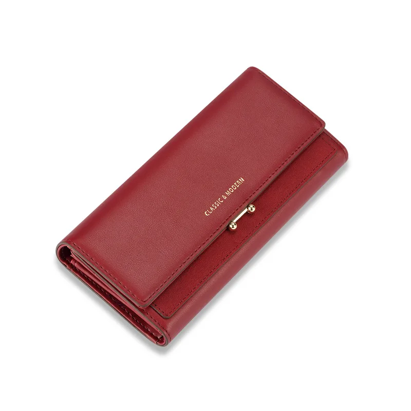 

Long wallet 2020 new trendy ladies simple fashion large capacity buckle wallet PU long three-fold solid color women's clutch