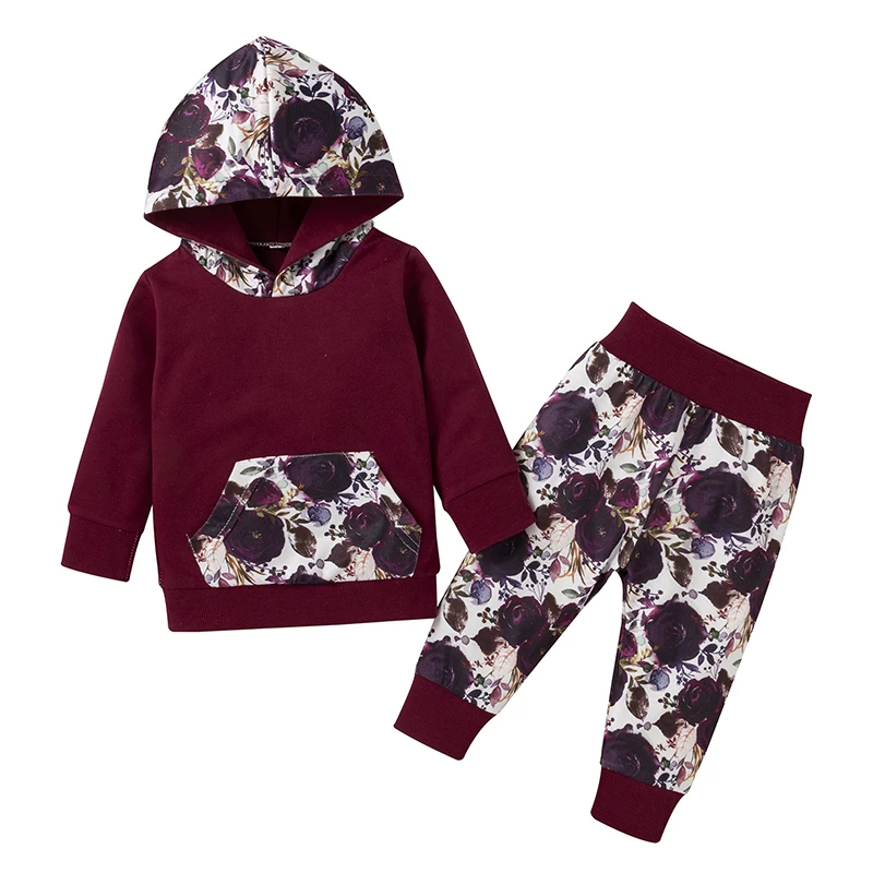 2-piece Baby Girl Floral Print Hooded Spring Autumn Baby Girl Clothes Long-sleeve Pocket Top And Pants Set Children's Clothing