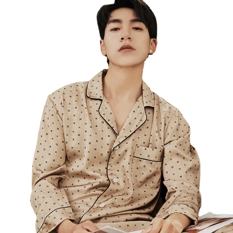 

Sleepwear 2PCS Pj's Sets Men Printed Pajamas Turn-Down Collar Loungewear Long Sleeve Shirt&Pants Suit Nightwear Home Clothes